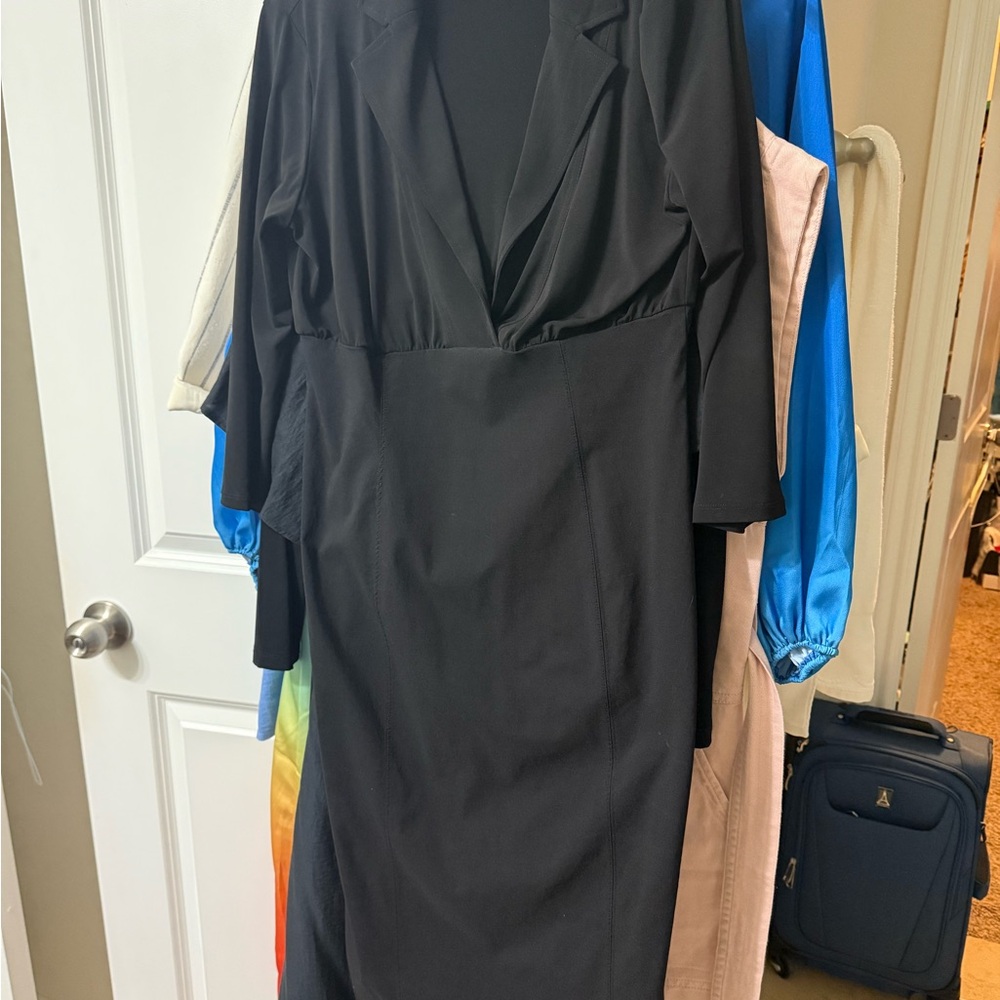 Shape FX Black Sheath Dress with 3/4 Sleeves and Plunge Neckline